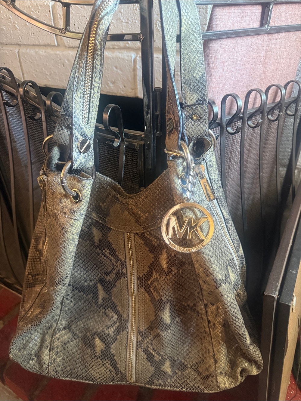 Michael Kors Olive Snake-Print Shoulder Bag with MK Charm